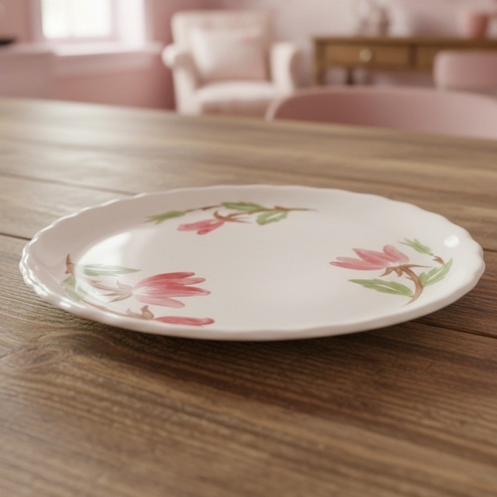 Continental Kilns Pink Flowers Dinner Plate, Vintage USA Pottery Dinnerware